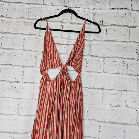 Lulus Womens Rust Striped Rayon Open Back Cutout Maxi Dress Size Medium - Picture 3 of 16